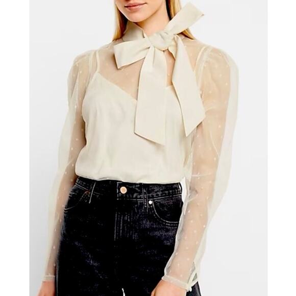 Express Tulle Polka Dot Mock Neck Puff Sleeve Blouse XS NWT Ivory White - Picture 1 of 8
